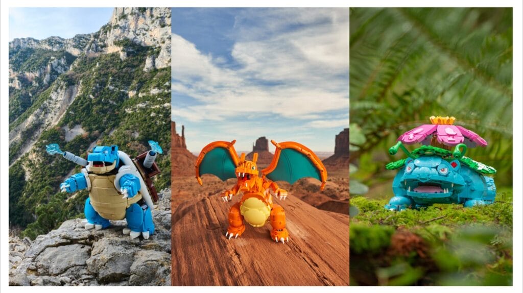 Venusaur, Charizard and Blastoise together in LEGO form.