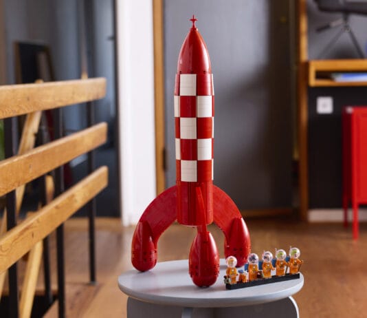 LEGO Tintin Moon Rocket Brings Hergé’s Classic Adventure to Bricks for the First Time LEGO Tintin Moon Rocket pictured on a table.