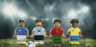 LEGO Editions Football Sets Celebrate Messi, Ronaldo, Mbappé and Vini Jr. Ahead of the World Cup LEGO Editions football minifigures on a pitch