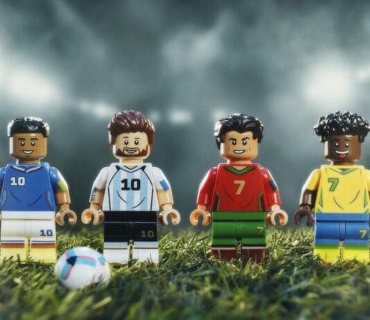 LEGO Editions Football Sets Celebrate Messi, Ronaldo, Mbappé and Vini Jr. Ahead of the World Cup LEGO Editions football minifigures on a pitch